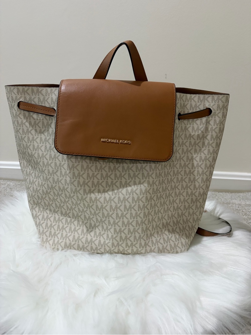 Michael Kors Tan & Cream Monogram Backpack Tote